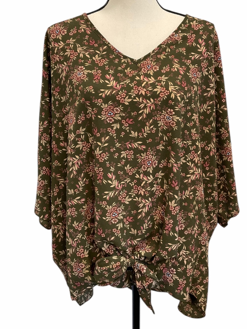 Spin USA Womens Top Sz 2X Green Pink Floral Front Tie V-Neck Boho Dolman Sleeve